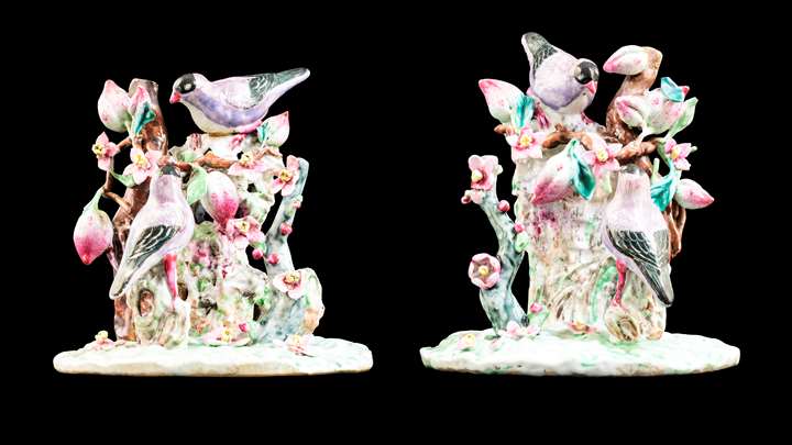 Pair of Chinese export porcelain famille rose figure groups of birds